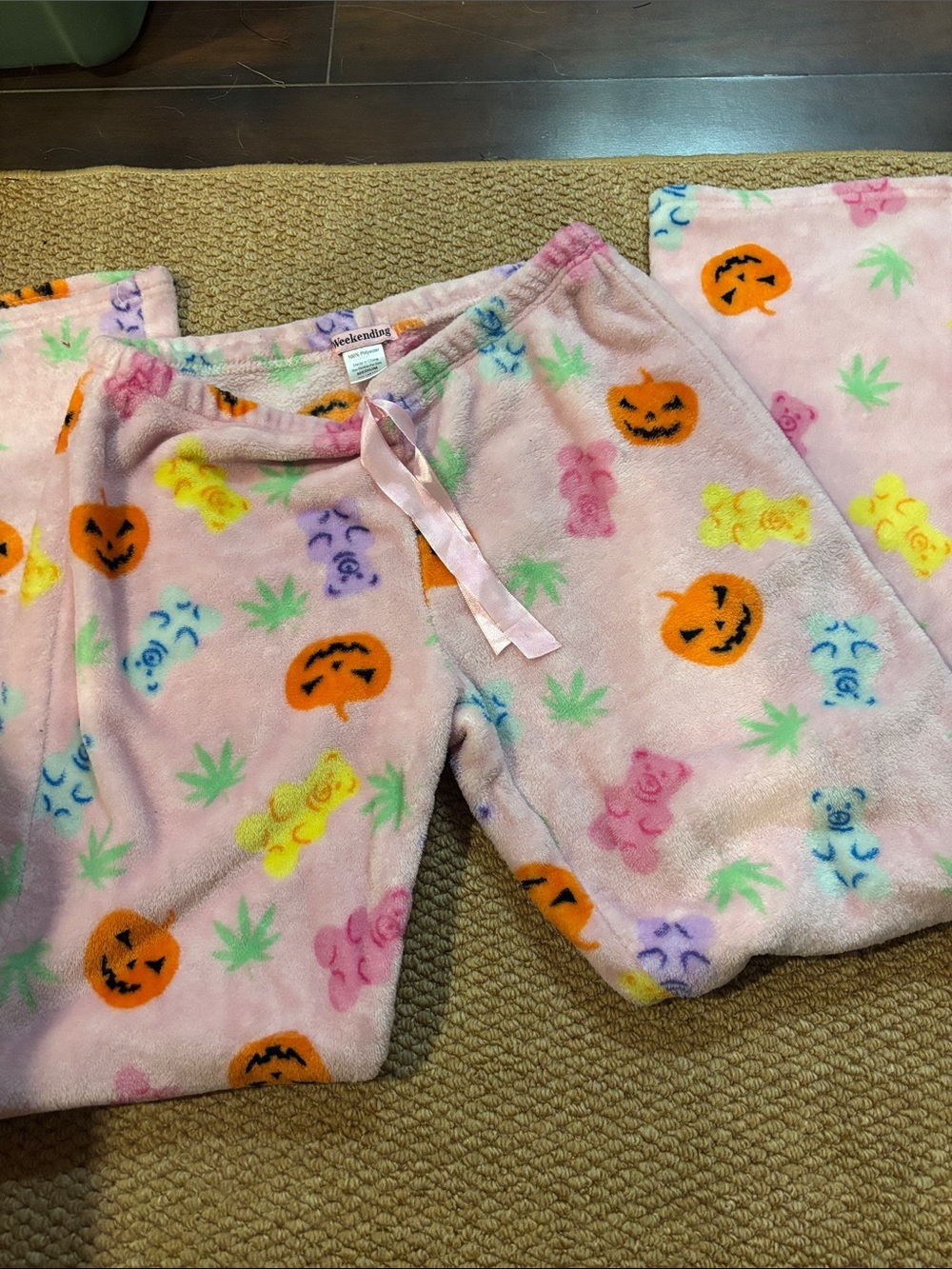 Weekending Pink Plush Pajama Bottom Pants Weed Pumpkin & Gummy Bear Print